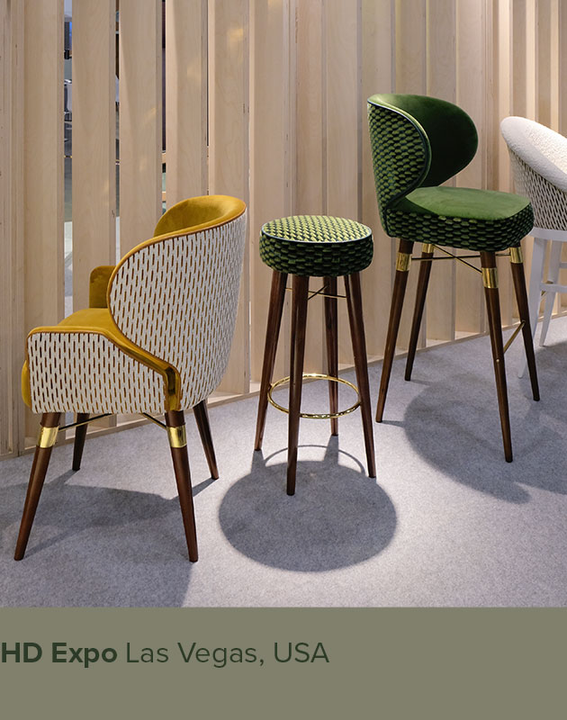 ouis Bar Chair, Louis I Dining Chair, and Louis Bar Stool displayed at HD Expo