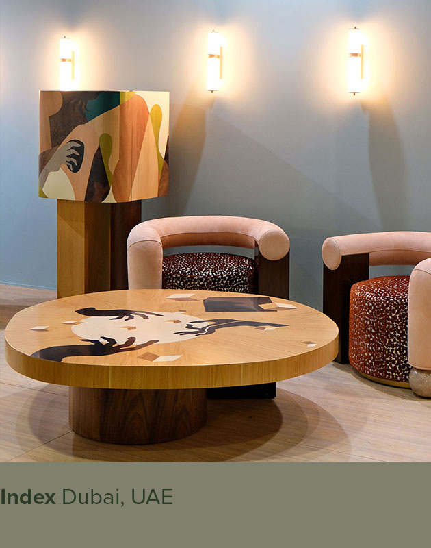 Vij En Center Table, Galatea Armchair, Ih Maj In Cabinet, and Miami Wall Lamp displayed at Index Dubai.