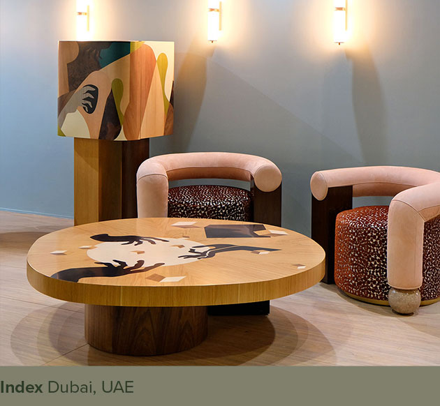 Vij En Center Table, Galatea Armchair, Ih Maj In Cabinet, and Miami Wall Lamp displayed at Index Dubai.