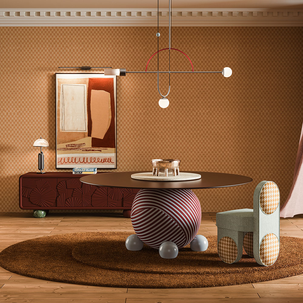 Dining room interior with warm tones featuring the Circulus Dining Table, Fyo Cheer Dining Chair, and Mon Ooh Sideboard by Malabar, paired with the Tortona Suspension Lamp and Andros Table Lamp by Creativemary.