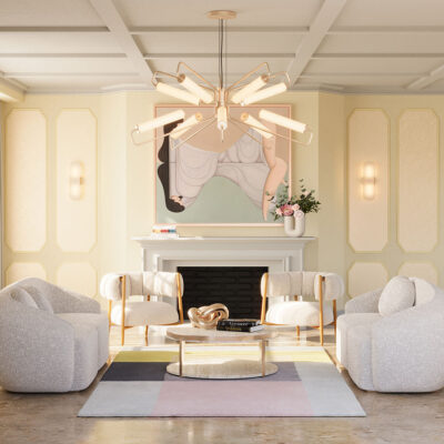 Living room with soft tones featuring the Peggy Sofa and Ellen Armchair by Ottiu, paired with the Miami Suspension Lamp and Andros Wall Lamp by Creativemary, alongside the Monticello Center Table by Porus.