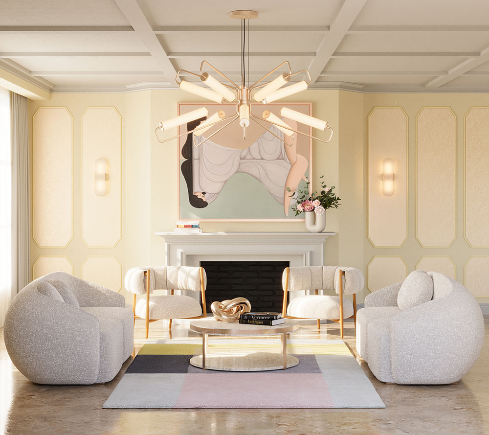 Living room with soft tones featuring the Peggy Sofa and Ellen Armchair by Ottiu, paired with the Miami Suspension Lamp and Andros Wall Lamp by Creativemary, alongside the Monticello Center Table by Porus.