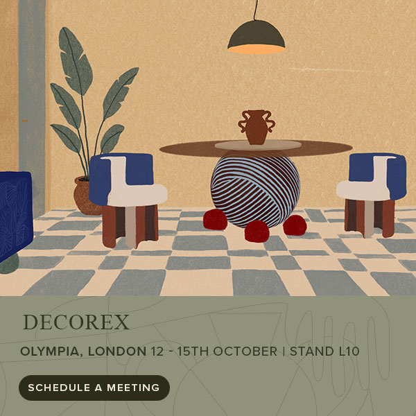 llustration of the Circulus dining table paired with two Myth dining chairs, illuminated by the Brera Suspensions lamp above, styled to promote Decorex.