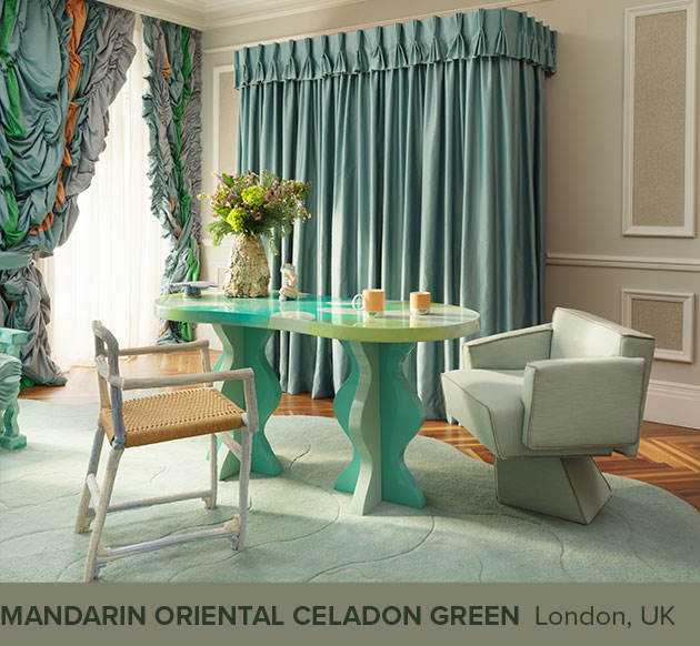 Bru Tel dining chair upholstered in the 2025 Pantone color, Mandarin Oriental Celadon Green, showcasing its refined silhouette and luxurious finish.